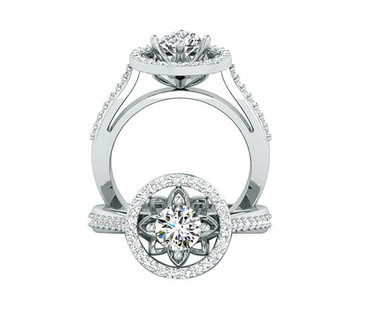 Art Deco Style Round Diamond  Engagement Ring, 18k tow tone fancy bridal ring set with VS-SI sparkle Diamonds all around the halo