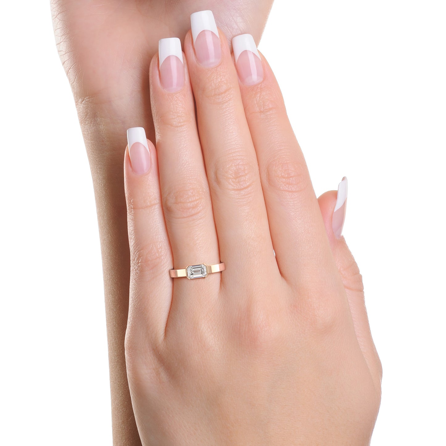 14k Emerald Cut Low Profile Bezel East-West Solitaire Lab  Grown  Diamond Ring