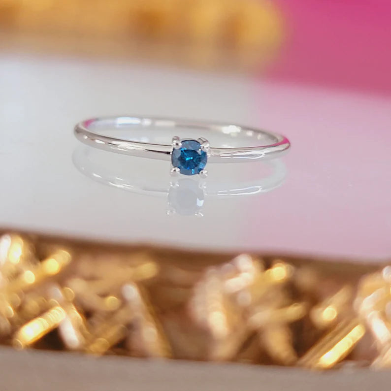 SOLITAIRE NATURAL BLUE DIAMOND RING, 14K SOLID GOLD MINIMALIST WEDDING BAND, DAINTY ANNIVERSARY SINGLE GEM PRESENT, HAND MADE BRIDAL JEWELRY