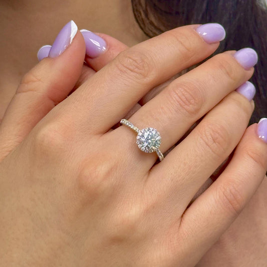 1.35 Carat IGI CERTIFIED E Color VS1 Clarity Round Brilliant Excellent Cut Lab Diamond Halo Engagement Ring, 4 Prong 14k White, Rose