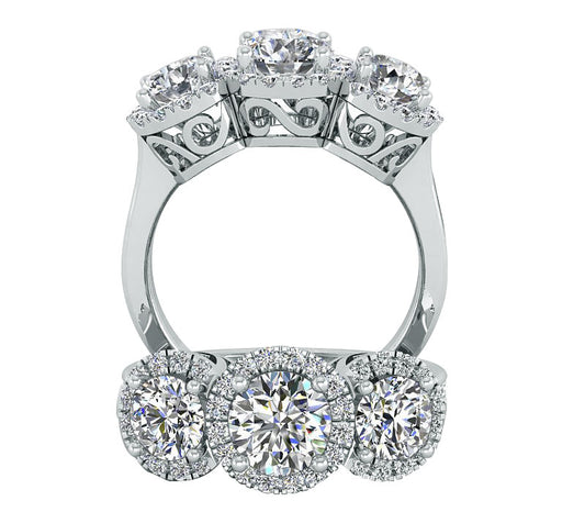ENCHANTED THREE-STONE HALO DIAMOND ENGAGEMENT RING