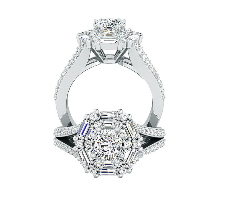 round cut diamond split shank style engagement ring, baguette diamond ring