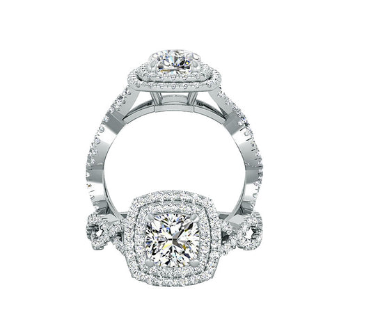 STYLISH CRISS CROSS HALO DIAMOND ENGAGEMENT RING