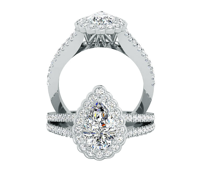 FLORAL PEAR SHAPED HALO DIAMOND ENGAGEMENT RING
