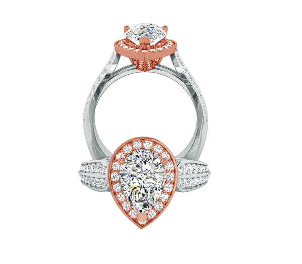 TWO-TONE PEAR SHAPE HALO DIAMOND ENGAGEMENT RING