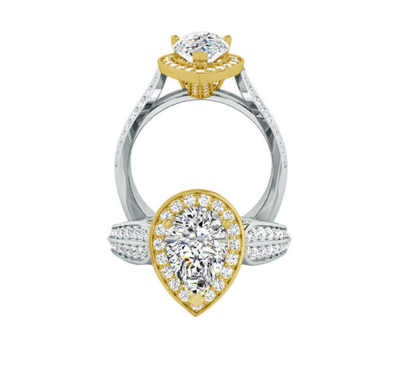 TWO-TONE PEAR SHAPE HALO DIAMOND ENGAGEMENT RING