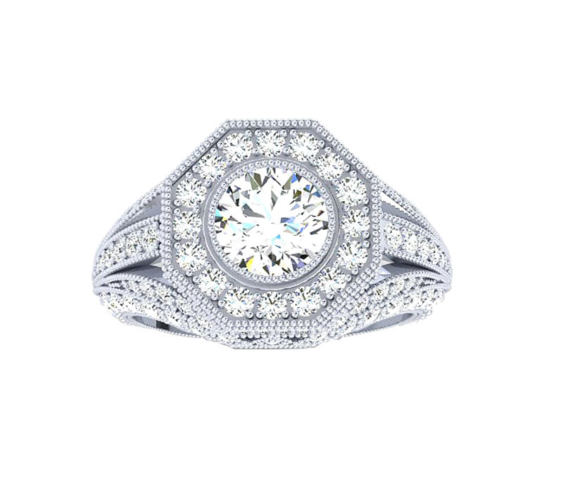 BAROQUE STYLE HALO DIAMOND ENGAGEMENT RING
