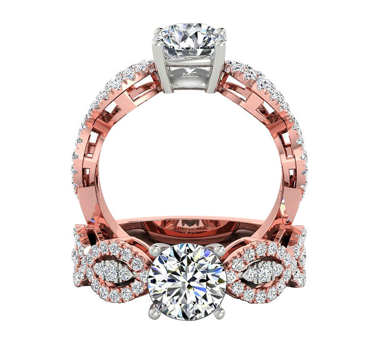 tow tone side stone style round engagement ring, twisted diamond shank in 14k solid rose