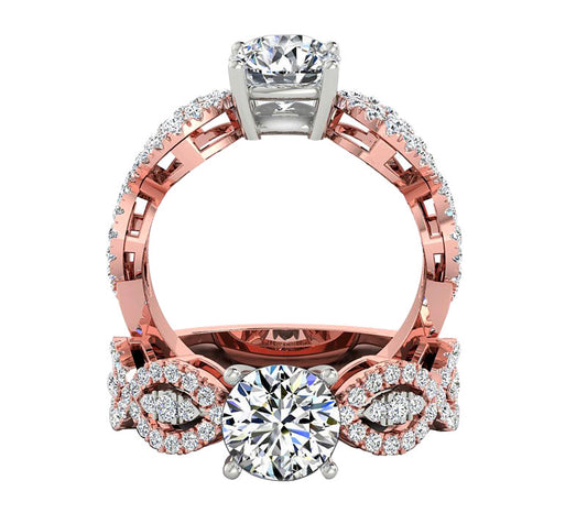 tow tone side stone style round engagement ring, twisted diamond shank in 14k solid  rose