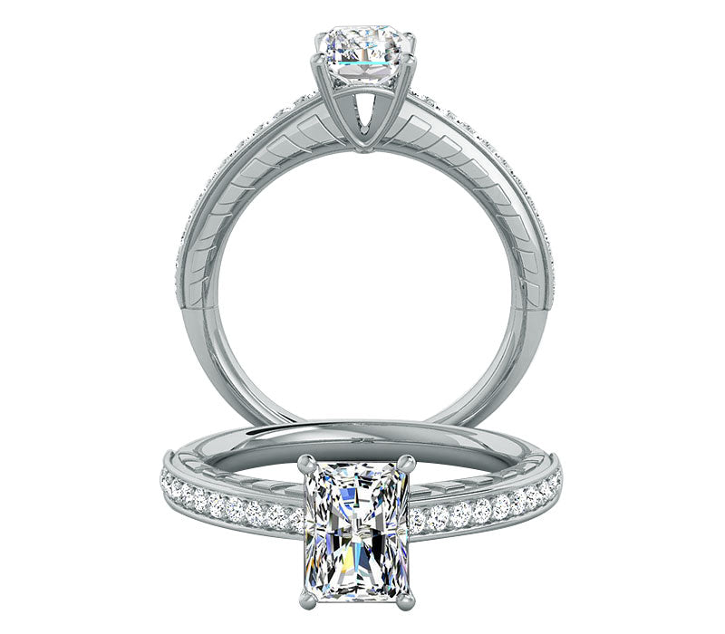 UNIQUE EMBOSSED EMERALD CUT DIAMOND ENGAGEMENT RING