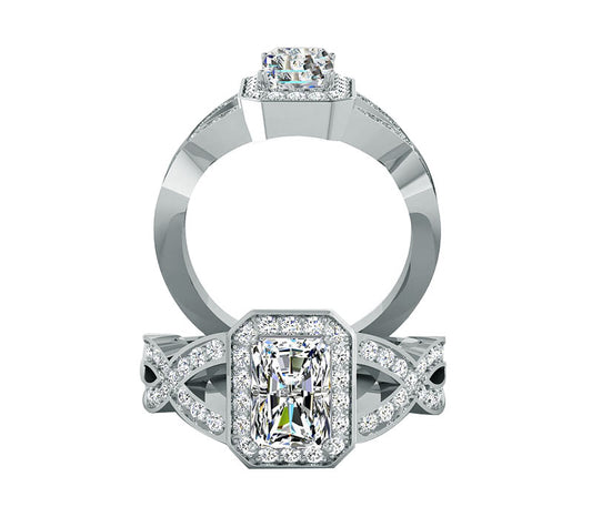 EMERALD CUT DIAMOND CRISS-CROSS SHANK ENGAGEMENT RING
