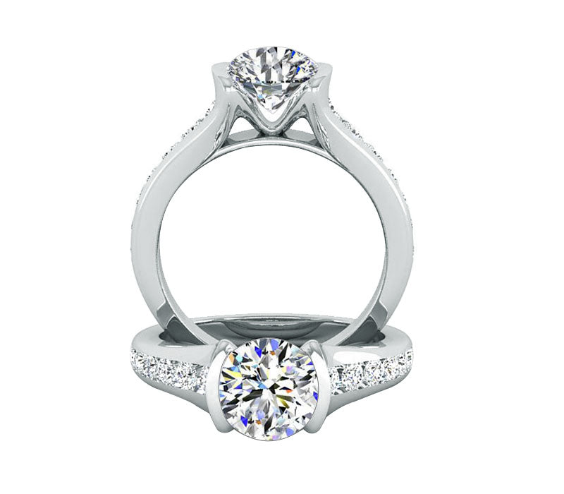 tapered shank white gold ring, channel set engagement ring, spark round diamond set on platinum ring, elegant diamond ring ,