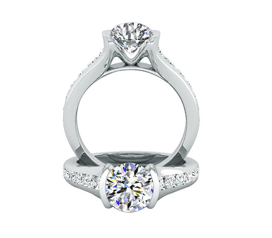 tapered shank white gold ring, channel set engagement ring, spark round diamond set on platinum ring, elegant diamond ring ,