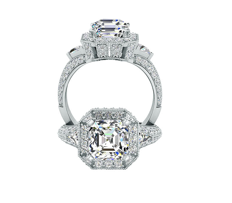 CHARMING ASSCHER CUT HALO DIAMOND ENGAGEMENT RING