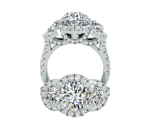 THREE-STONE PAVÉ HALO DIAMOND ENGAGEMENT RING