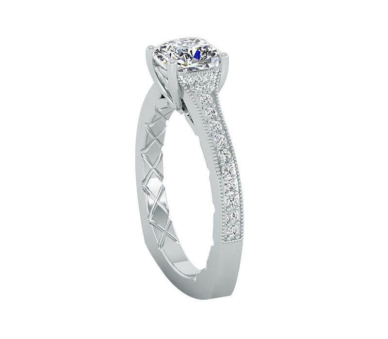 TAPERED MILGRAIN CUSHION CUT DIAMOND ENGAGEMENT RING