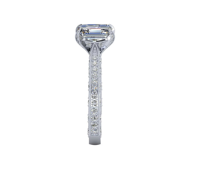 3 SIDE MILGRAIN DECORATIVE EMERALD CUT ENGAGEMENT RING