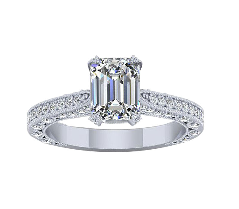 3 SIDE MILGRAIN DECORATIVE EMERALD CUT ENGAGEMENT RING