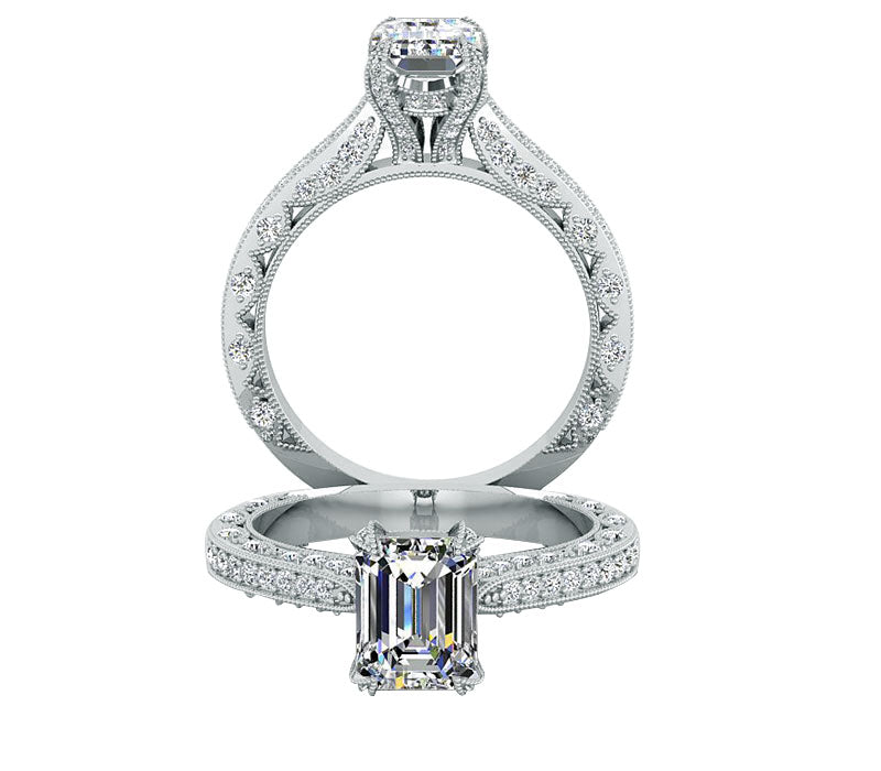 3 SIDE MILGRAIN DECORATIVE EMERALD CUT ENGAGEMENT RING