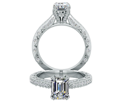 3 SIDE MILGRAIN DECORATIVE EMERALD CUT ENGAGEMENT RING
