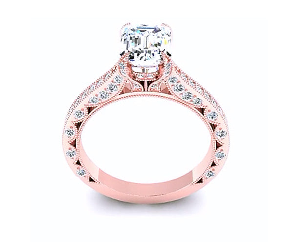 3 SIDE MILGRAIN DECORATIVE EMERALD CUT ENGAGEMENT RING