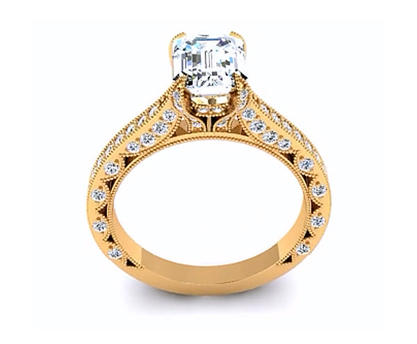 3 SIDE MILGRAIN DECORATIVE EMERALD CUT ENGAGEMENT RING