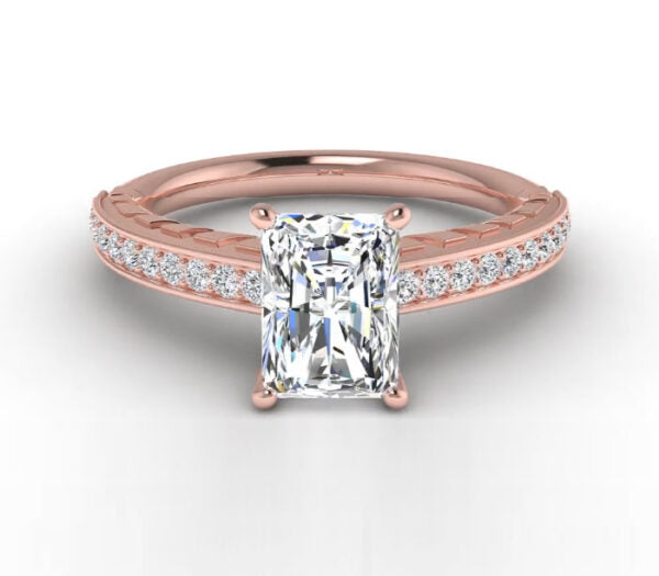 UNIQUE EMBOSSED EMERALD CUT DIAMOND ENGAGEMENT RING