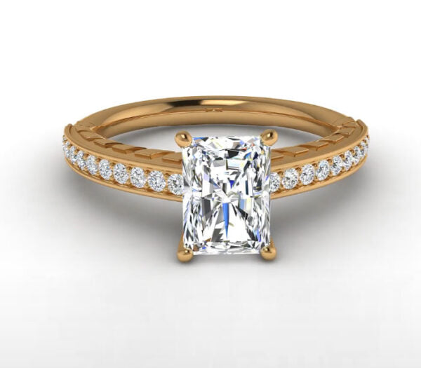 UNIQUE EMBOSSED EMERALD CUT DIAMOND ENGAGEMENT RING