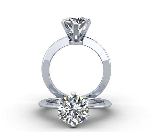 SOLITAIRE ROUND CUT MOISSANITE ENGAGEMENT RING, KNIFE STYLE PRONG BAND, 18K CLASSIC SINGLE GEM JEWELRY, HIGH QUALITY PLATINUM BRIDAL SET