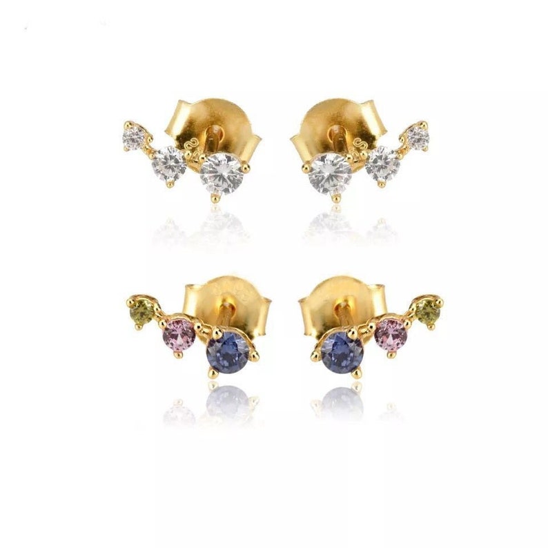 MINI TRIO DIAMOND STUDS, 14K SOLID GOLD GEMSTONE EARRINGS, ROUND CLUSTER MULTI-COLOR JEWELRY, TINY ANNIVERSARY WIFE GIFT, RAINBOW EAR SET