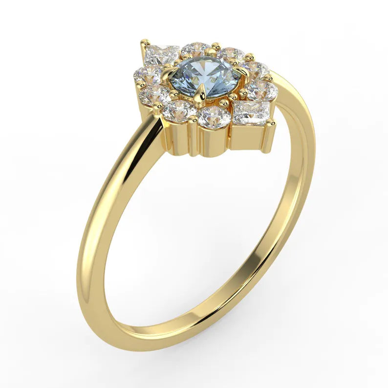 SOLITAIRE FANCY ROUND AQUAMARINE RING, 14K SOLID GOLD NATURAL DIAMOND ENGAGEMENT JEWELRY, DOUBLE FLORAL PROMISE BAND, CLUSTER BRIDAL SET