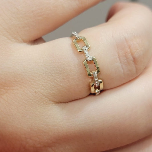 NATURAL DIAMOND SOLID 14K GOLD CHAIN RING, STATEMENT ANNIVERSARY FASHION BAND, ROUND MICRO PAVE STACKABLE LINK, YELLOW WHITE ROSE TINY JEWEL