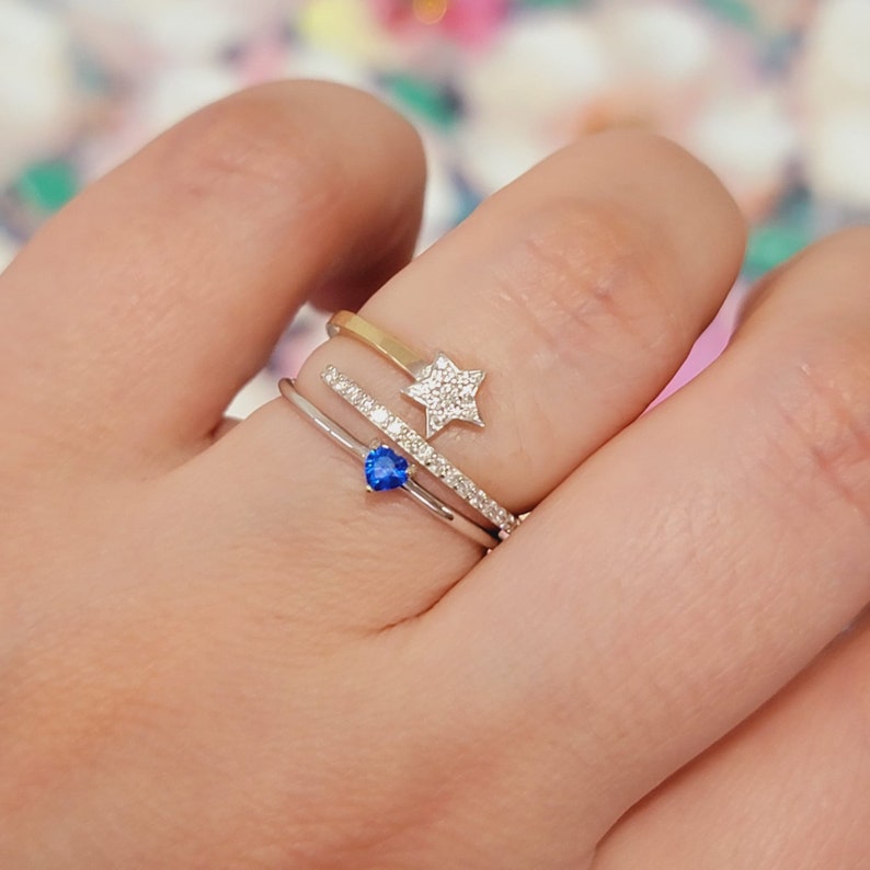 NATURAL DIAMOND SOLID 14K YELLOW GOLD STAR RING, HAND MADE WOMEN BAND SET, NORTH STAR CELESTIAL OPEN SPIRAL JEWELRY, STACKING ETERNITY CHARM