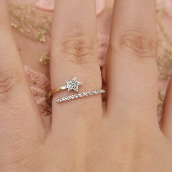 NATURAL DIAMOND SOLID 14K YELLOW GOLD STAR RING, HAND MADE WOMEN BAND SET, NORTH STAR CELESTIAL OPEN SPIRAL JEWELRY, STACKING ETERNITY CHARM