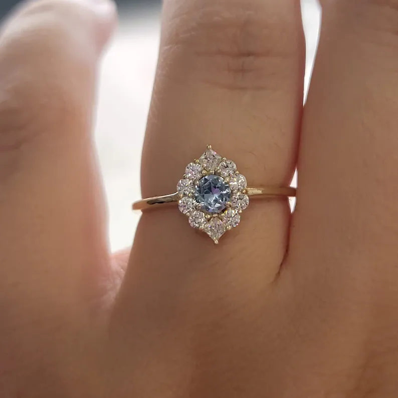 SOLITAIRE FANCY ROUND AQUAMARINE RING, 14K SOLID GOLD NATURAL DIAMOND ENGAGEMENT JEWELRY, DOUBLE FLORAL PROMISE BAND, CLUSTER BRIDAL SET