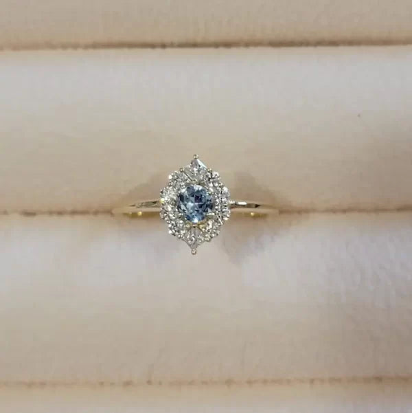 SOLITAIRE FANCY ROUND AQUAMARINE RING, 14K SOLID GOLD NATURAL DIAMOND ENGAGEMENT JEWELRY, DOUBLE FLORAL PROMISE BAND, CLUSTER BRIDAL SET