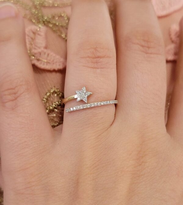 NATURAL DIAMOND SOLID 14K YELLOW GOLD STAR RING, HAND MADE WOMEN BAND SET, NORTH STAR CELESTIAL OPEN SPIRAL JEWELRY, STACKING ETERNITY CHARM