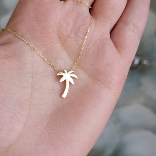 PALM TREE 14K SOLID GOLD NECKLACE, YELLOW ROSE WHITE BEACH CHAIN, CHIC SUMMER PENDANT CHARM, NATURE LOVERS COCONUT TREE, SEA LIFE JEWELRY