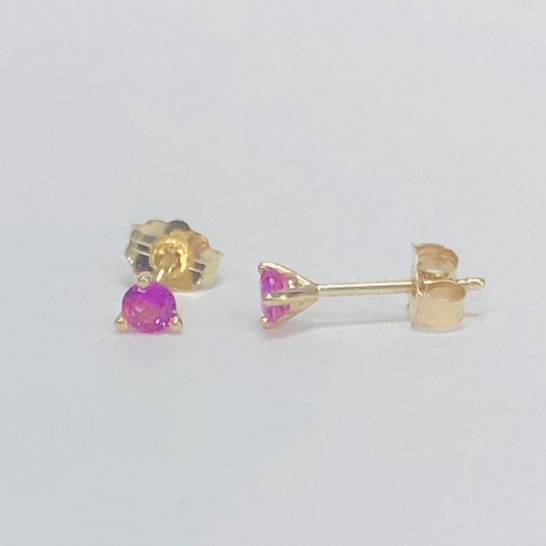 SOLITAIRE PINK SAPPHIRE STUDS IN SOLID 14K GOLD, DIAMOND CUT YELLOW EARRINGS, SEPTEMBER BIRTHSTONE WHITE JEWELRY, 3MM ROUND SHAPED ROSE SET