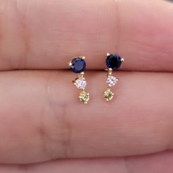 MINI TRIO DIAMOND STUDS, 14K SOLID GOLD GEMSTONE EARRINGS, ROUND CLUSTER MULTI-COLOR JEWELRY, TINY ANNIVERSARY WIFE GIFT, RAINBOW EAR SET