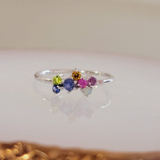 MULTI COLOR 14K SOLID GOLD RAINBOW RING, WOMEN’S CLUSTER COLOR BAND GIFT, ROUND CUT GENUINE GEMSTONES ANNIVERSARY JEWELRY, WEDDING CHARM