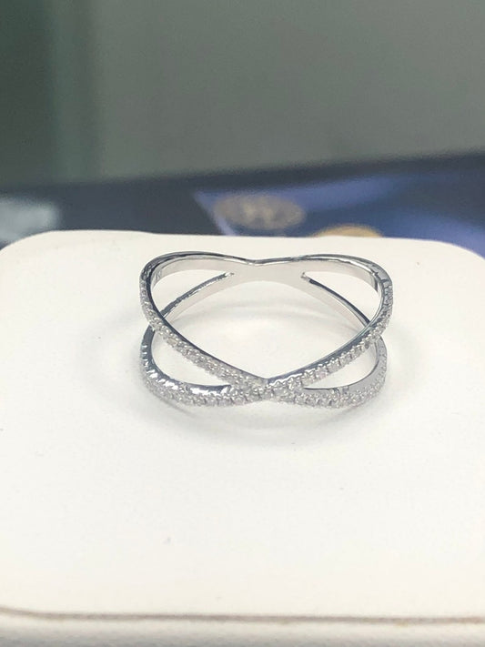 CRISS CROSS 14K SOLID GOLD DIAMOND RING, X DOUBLE ETERNITY BAND, STATEMENT CLUSTER INTERTWINED JEWELRY, WRAPAROUND STACKABLE PROMISE BAND