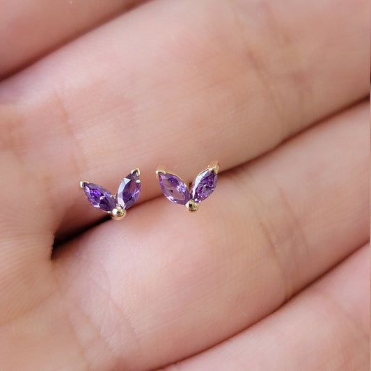 Marquise shape Amethyst Stones Stud earrings in 14k solid gold