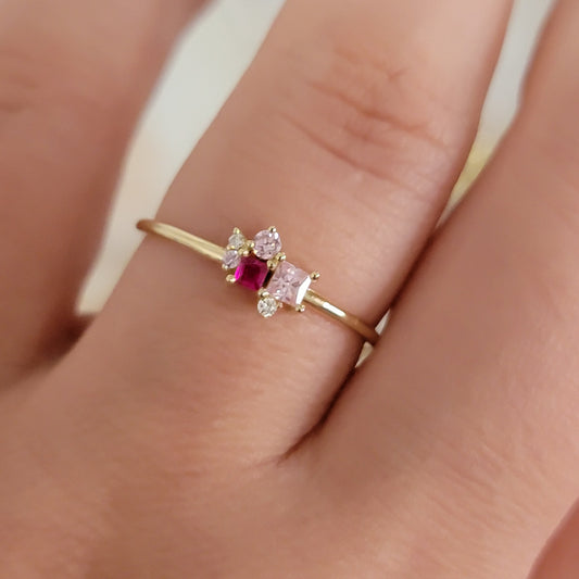 Ruby Diamond Ring in 14k Solid Gold, Cluster Diamond Ring, Personalized Ring, Birthstone Rings, Pink Sapphire and diamond Ring