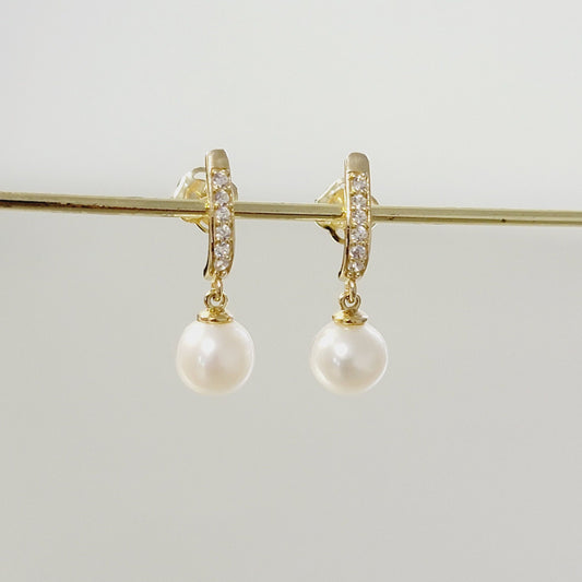 14k Diamond & Fresh Water Pearl Earrings, Pearl Earrings, Baby Girl Pearl Earrings, Minimalist Drop Earrings