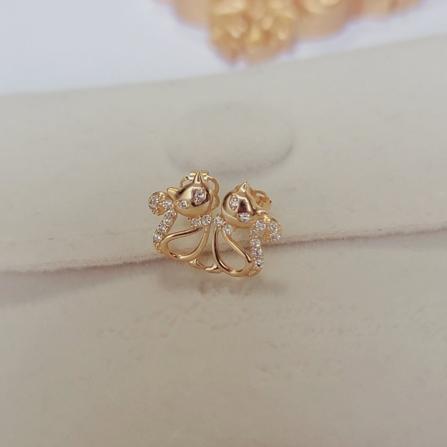 14k Gold Cat Earrings, 14K Diamond Cat Stud Earrings