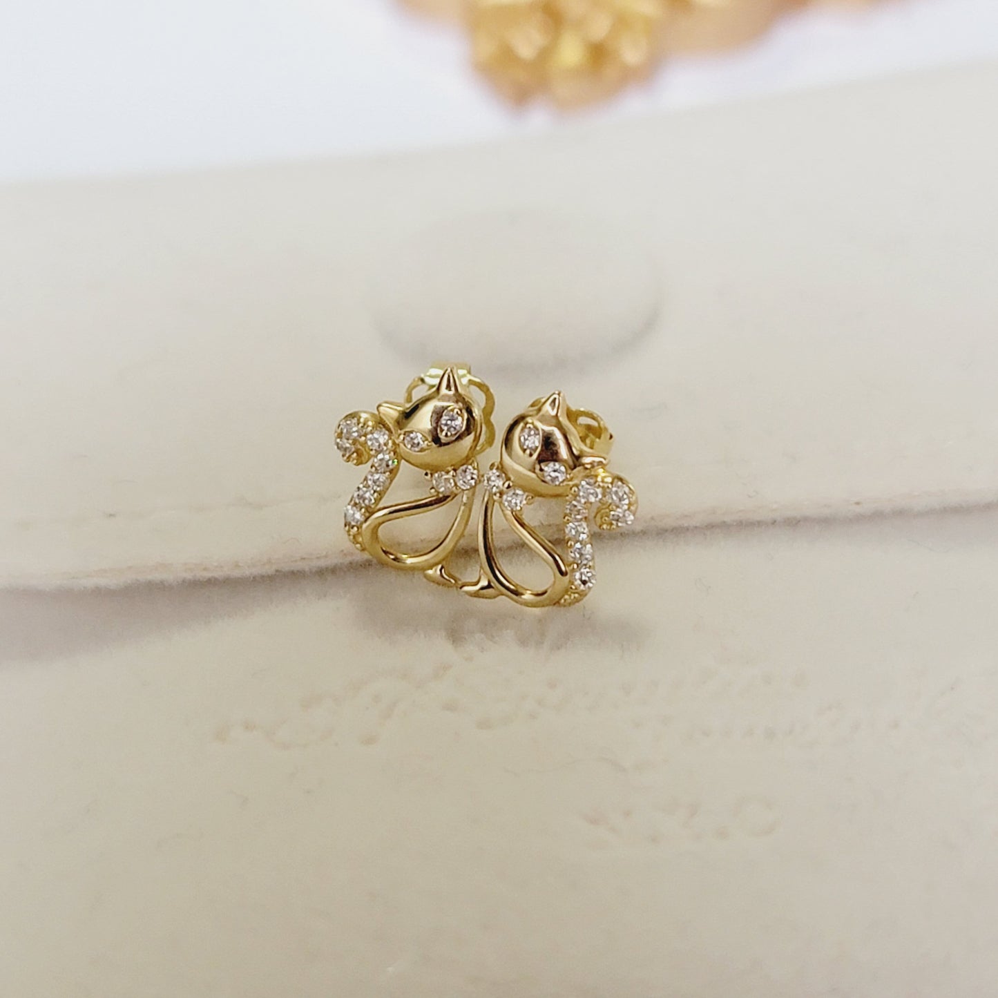 14k Gold Cat Earrings, 14K Diamond Cat Stud Earrings