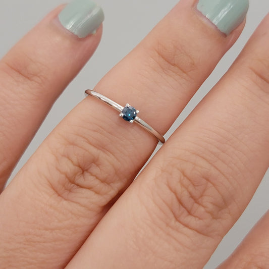 Blue Diamond Ring, 14k White Gold Ring, Minimalist Ring, One Diamond Ring, Diamond Solitaire Ring, Dainty Rings