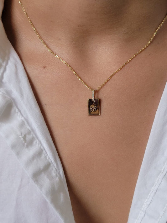 Solid Gold Dog Tag Charm, Diamond Initial Necklace, Engraved Pendant, Dog Tag Necklace, Personalized Jewelry, Simple Monogram Necklace Gold