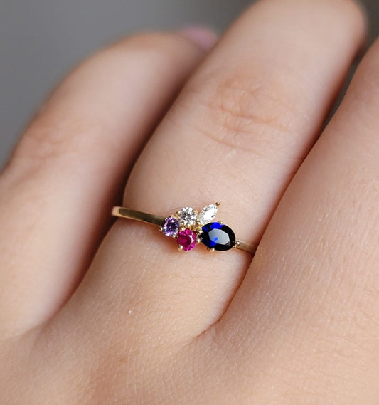 14k solid gold cluster gemstones and diamond ring